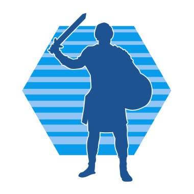 Savaş zırhı giymiş bir erkek savaşçının silueti. Kılıç ile poz veriyor..