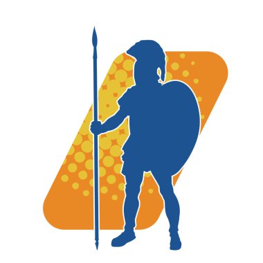 Mızrak ve demir kalkan taşıyan şövalye kostümlü bir erkek silueti. Zırhlı bir dövüşçünün silueti hareket halinde..