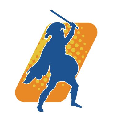 Savaş zırhı giymiş bir erkek savaşçının silueti. Kılıç ile poz veriyor..