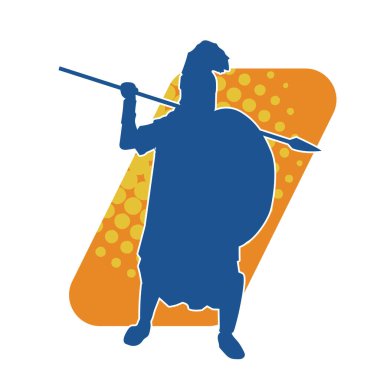 Mızrak ve demir kalkan taşıyan şövalye kostümlü bir erkek silueti. Zırhlı bir dövüşçünün silueti hareket halinde..