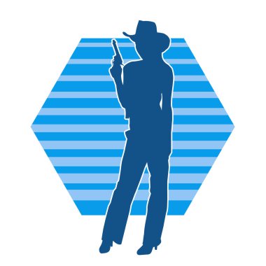 Kovboy kız kostümlü bir kadın silueti. Harekete geçmiş, elinde tabanca ile poz veriyor..