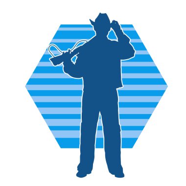 Ayakta duran kovboy kostümü giymiş bir erkek modelin silueti. Kovboy bir erkek modelin silueti. Elinde tüfek silahı var.