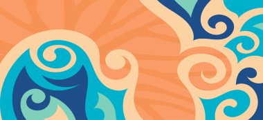 Dalgalı çizgili arkaplan dokusu üzerindeki çeşitli kıvrımlı şekillerin soyut bileşimi.