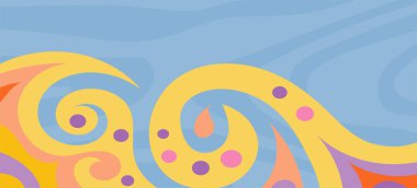 Dalgalı çizgili arkaplan dokusu üzerindeki çeşitli kıvrımlı şekillerin soyut bileşimi.