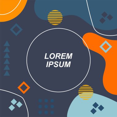 Çeşitli geometrik şekilli, süslemeli ve metin alanlı soyut arkaplan kare kartı. Geometrik memphis tarzıyla kare duvar kağıdı.