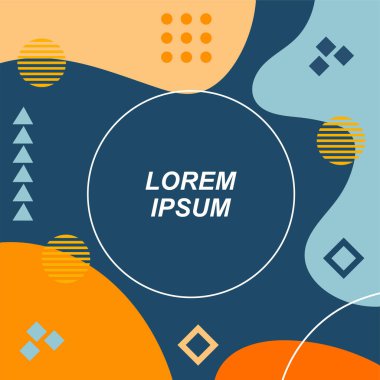 Çeşitli geometrik şekilli, süslemeli ve metin alanlı soyut arkaplan kare kartı. Geometrik memphis tarzıyla kare duvar kağıdı.