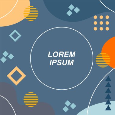 Çeşitli geometrik şekilli, süslemeli ve metin alanlı soyut arkaplan kare kartı. Geometrik memphis tarzıyla kare duvar kağıdı.