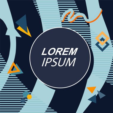 Çeşitli geometrik şekilli, süslemeli ve metin alanlı soyut arkaplan kare kartı. Geometrik memphis tarzıyla kare duvar kağıdı.