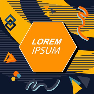 Çeşitli geometrik şekilli, süslemeli ve metin alanlı soyut arkaplan kare kartı. Geometrik memphis tarzıyla kare duvar kağıdı.