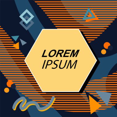Çeşitli geometrik şekilli, süslemeli ve metin alanlı soyut arkaplan kare kartı. Geometrik memphis tarzıyla kare duvar kağıdı.