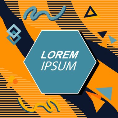 Çeşitli geometrik şekilli, süslemeli ve metin alanlı soyut arkaplan kare kartı. Geometrik memphis tarzıyla kare duvar kağıdı.