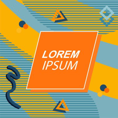 Çeşitli geometrik şekilli, süslemeli ve metin alanlı soyut arkaplan kare kartı. Geometrik memphis tarzıyla kare duvar kağıdı.