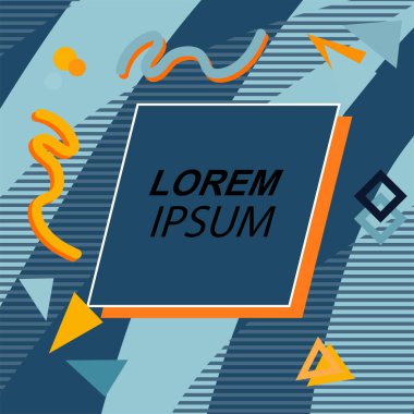 Çeşitli geometrik şekilli, süslemeli ve metin alanlı soyut arkaplan kare kartı. Geometrik memphis tarzıyla kare duvar kağıdı.
