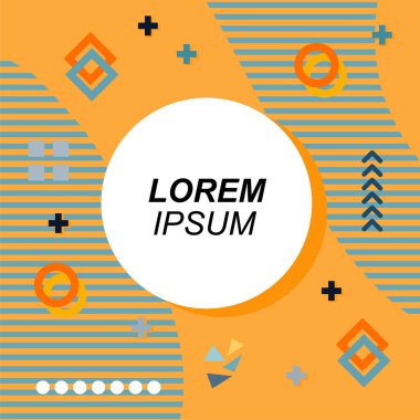 Çeşitli geometrik şekilli, süslemeli ve metin alanlı soyut arkaplan kare kartı. Geometrik memphis tarzıyla kare duvar kağıdı.
