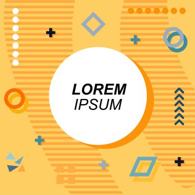 Çeşitli geometrik şekilli, süslemeli ve metin alanlı soyut arkaplan kare kartı. Geometrik memphis tarzıyla kare duvar kağıdı.