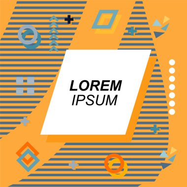 Çeşitli geometrik şekilli, süslemeli ve metin alanlı soyut arkaplan kare kartı. Geometrik memphis tarzıyla kare duvar kağıdı.