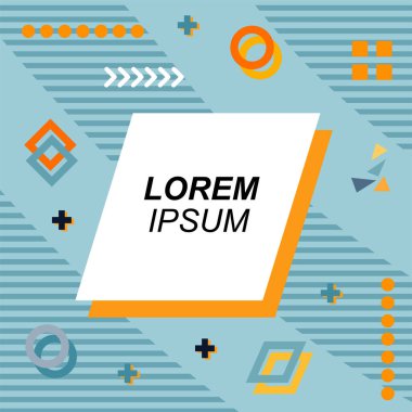 Çeşitli geometrik şekilli, süslemeli ve metin alanlı soyut arkaplan kare kartı. Geometrik memphis tarzıyla kare duvar kağıdı.