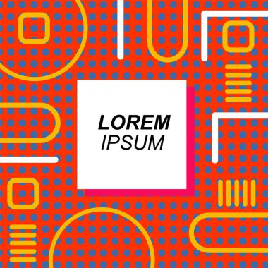 Çeşitli geometrik şekilli, süslemeli ve metin alanlı soyut arkaplan kare kartı. Geometrik memphis tarzıyla kare duvar kağıdı.