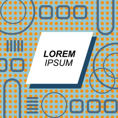 Çeşitli geometrik şekilli, süslemeli ve metin alanlı soyut arkaplan kare kartı. Geometrik memphis tarzıyla kare duvar kağıdı.