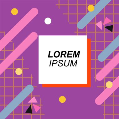 Renk çubukları ve noktaların geometrik şekilli süslemeleriyle kare şeklinde soyut bir arkaplan. Sosyal medya içeriği için metin alanı olan kare poster. Doksanlı yılların tarzında kare duvar kağıdı.