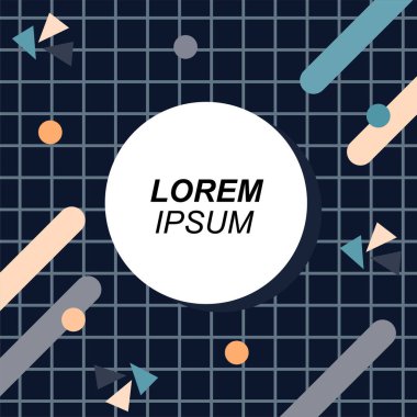 Renk çubukları ve noktaların geometrik şekilli süslemeleriyle kare şeklinde soyut bir arkaplan. Sosyal medya içeriği için metin alanı olan kare poster. Doksanlı yılların tarzında kare duvar kağıdı.