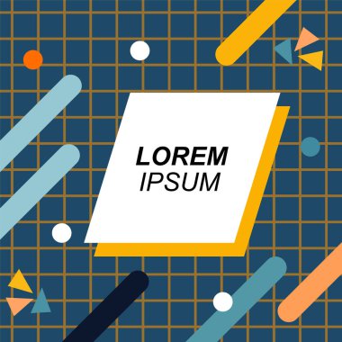 Renk çubukları ve noktaların geometrik şekilli süslemeleriyle kare şeklinde soyut bir arkaplan. Sosyal medya içeriği için metin alanı olan kare poster. Doksanlı yılların tarzında kare duvar kağıdı.