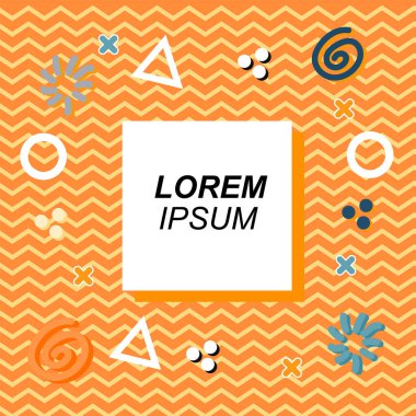 Çeşitli geometrik ve organik şekilli süslemeleri olan soyut arkaplan kare kartı. Sosyal medya içeriği için metin alanı olan kare poster. Geometrik memphis tarzıyla kare duvar kağıdı.