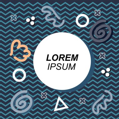 Çeşitli geometrik ve organik şekilli süslemeleri olan soyut arkaplan kare kartı. Sosyal medya içeriği için metin alanı olan kare poster. Geometrik memphis tarzıyla kare duvar kağıdı.