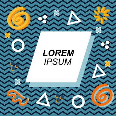 Çeşitli geometrik ve organik şekilli süslemeleri olan soyut arkaplan kare kartı. Sosyal medya içeriği için metin alanı olan kare poster. Geometrik memphis tarzıyla kare duvar kağıdı.