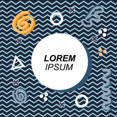 Çeşitli geometrik ve organik şekilli süslemeleri olan soyut arkaplan kare kartı. Sosyal medya içeriği için metin alanı olan kare poster. Geometrik memphis tarzıyla kare duvar kağıdı.