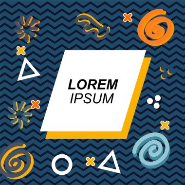 Çeşitli geometrik ve organik şekilli süslemeleri olan soyut arkaplan kare kartı. Sosyal medya içeriği için metin alanı olan kare poster. Geometrik memphis tarzıyla kare duvar kağıdı.