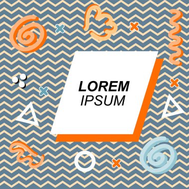 Çeşitli geometrik ve organik şekilli süslemeleri olan soyut arkaplan kare kartı. Sosyal medya içeriği için metin alanı olan kare poster. Geometrik memphis tarzıyla kare duvar kağıdı.