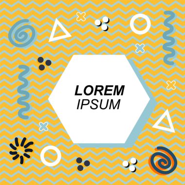 Çeşitli geometrik ve organik şekilli süslemeleri olan soyut arkaplan kare kartı. Sosyal medya içeriği için metin alanı olan kare poster. Geometrik memphis tarzıyla kare duvar kağıdı.
