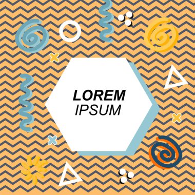 Çeşitli geometrik ve organik şekilli süslemeleri olan soyut arkaplan kare kartı. Sosyal medya içeriği için metin alanı olan kare poster. Geometrik memphis tarzıyla kare duvar kağıdı.