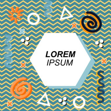 Çeşitli geometrik ve organik şekilli süslemeleri olan soyut arkaplan kare kartı. Sosyal medya içeriği için metin alanı olan kare poster. Geometrik memphis tarzıyla kare duvar kağıdı.