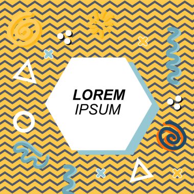 Çeşitli geometrik ve organik şekilli süslemeleri olan soyut arkaplan kare kartı. Sosyal medya içeriği için metin alanı olan kare poster. Geometrik memphis tarzıyla kare duvar kağıdı.