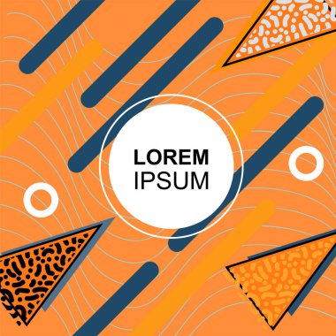 Çeşitli geometrik şekilli, süslemeli ve metin alanlı soyut arkaplan kare kartı. Geometrik memphis tarzıyla kare duvar kağıdı. Sosyal medya içeriği için kare biçiminde poster.