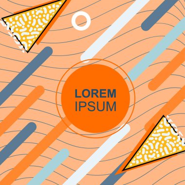 Çeşitli geometrik şekilli, süslemeli ve metin alanlı soyut arkaplan kare kartı. Geometrik memphis tarzıyla kare duvar kağıdı. Sosyal medya içeriği için kare biçiminde poster.