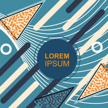 Çeşitli geometrik şekilli, süslemeli ve metin alanlı soyut arkaplan kare kartı. Geometrik memphis tarzıyla kare duvar kağıdı. Sosyal medya içeriği için kare biçiminde poster.