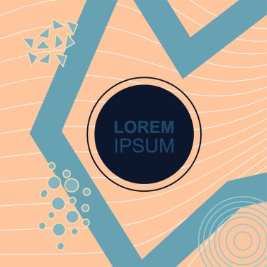 Çeşitli geometrik şekilli, süslemeli ve metin alanlı soyut arkaplan kare kartı. Geometrik memphis tarzıyla kare duvar kağıdı. Sosyal medya içeriği için kare biçiminde poster.