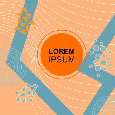 Çeşitli geometrik şekilli, süslemeli ve metin alanlı soyut arkaplan kare kartı. Geometrik memphis tarzıyla kare duvar kağıdı. Sosyal medya içeriği için kare biçiminde poster.