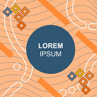 Çeşitli geometrik şekilli, süslemeli ve metin alanlı soyut arkaplan kare kartı. Geometrik memphis tarzıyla kare duvar kağıdı. Sosyal medya içeriği için kare biçiminde poster.