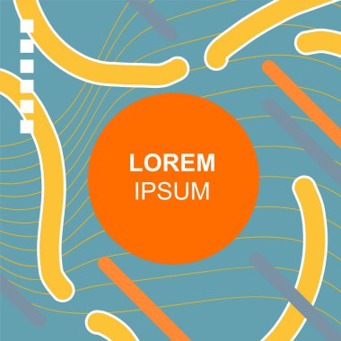 Çeşitli geometrik şekilli, süslemeli ve metin alanlı soyut arkaplan kare kartı. Geometrik memphis tarzıyla kare duvar kağıdı. Sosyal medya içeriği için kare biçiminde poster.