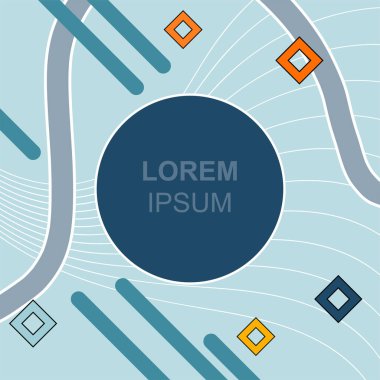 Çeşitli geometrik şekilli, süslemeli ve metin alanlı soyut arkaplan kare kartı. Geometrik memphis tarzıyla kare duvar kağıdı. Sosyal medya içeriği için kare biçiminde poster.