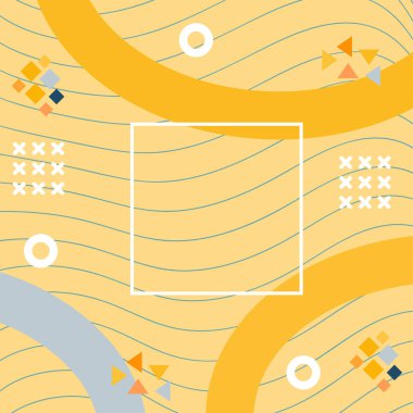 Çeşitli geometrik şekilli, süslemeli ve metin alanlı soyut arkaplan kare kartı. Geometrik memphis tarzıyla kare duvar kağıdı. Sosyal medya içeriği için kare biçiminde poster.