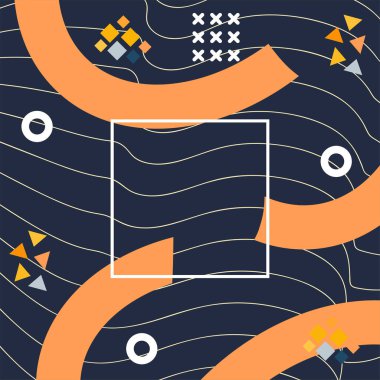 Çeşitli geometrik şekilli, süslemeli ve metin alanlı soyut arkaplan kare kartı. Geometrik memphis tarzıyla kare duvar kağıdı. Sosyal medya içeriği için kare biçiminde poster.