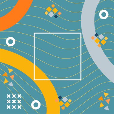 Çeşitli geometrik şekilli, süslemeli ve metin alanlı soyut arkaplan kare kartı. Geometrik memphis tarzıyla kare duvar kağıdı. Sosyal medya içeriği için kare biçiminde poster.