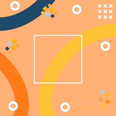 Çeşitli geometrik şekilli, süslemeli ve metin alanlı soyut arkaplan kare kartı. Geometrik memphis tarzıyla kare duvar kağıdı. Sosyal medya içeriği için kare biçiminde poster.