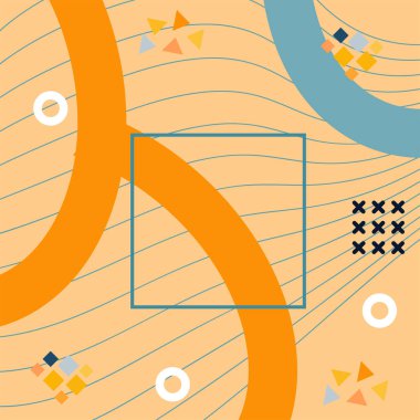 Çeşitli geometrik şekilli, süslemeli ve metin alanlı soyut arkaplan kare kartı. Geometrik memphis tarzıyla kare duvar kağıdı. Sosyal medya içeriği için kare biçiminde poster.