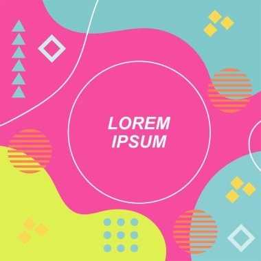 Çeşitli geometrik şekilli, süslemeli ve metin alanlı soyut arkaplan kare kartı. Geometrik memphis tarzıyla kare duvar kağıdı. Sosyal medya içeriği için kare biçiminde poster.
